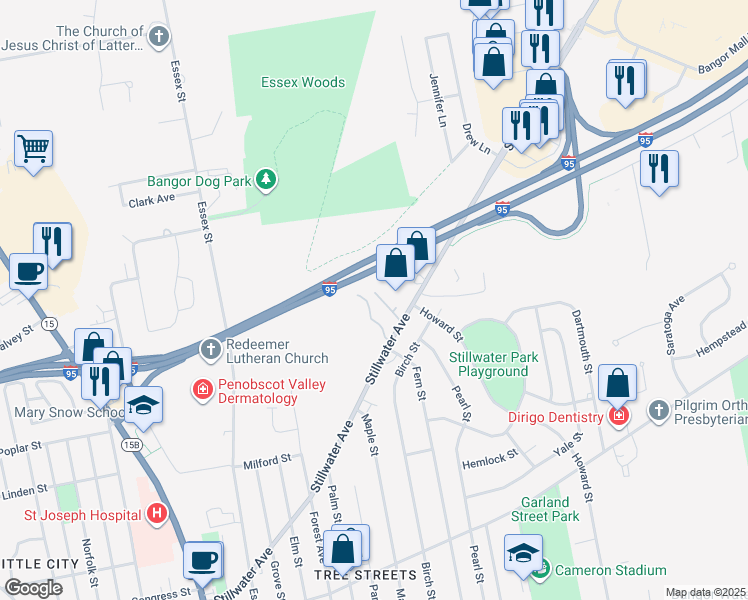 map of restaurants, bars, coffee shops, grocery stores, and more near Interstate 95 in Bangor