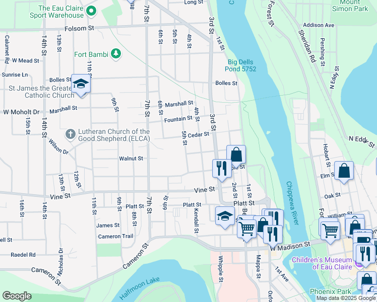map of restaurants, bars, coffee shops, grocery stores, and more near 2207 5th Street in Eau Claire