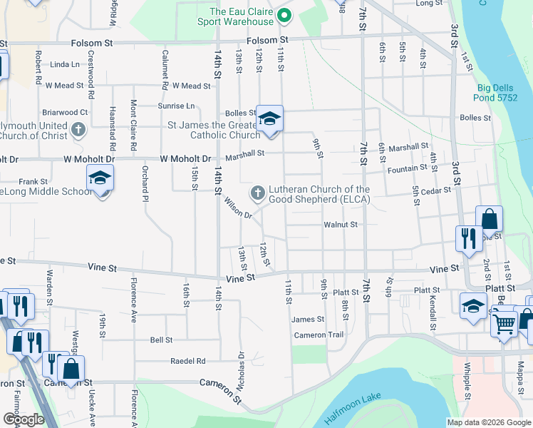 map of restaurants, bars, coffee shops, grocery stores, and more near 2149 12th Street in Eau Claire