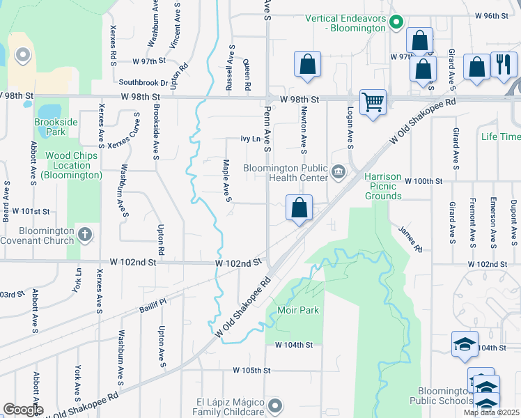 map of restaurants, bars, coffee shops, grocery stores, and more near 2301 Maple Avenue South in Bloomington