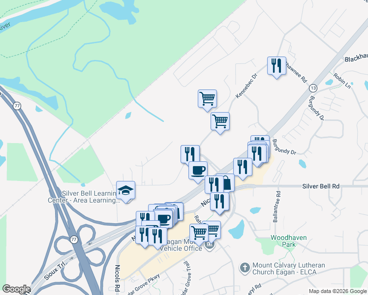 map of restaurants, bars, coffee shops, grocery stores, and more near 1999 Silver Bell Road in Saint Paul