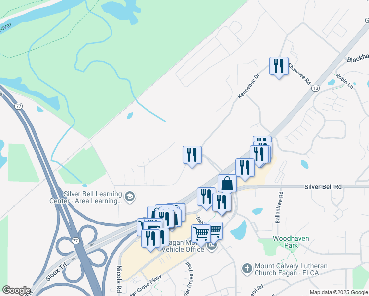 map of restaurants, bars, coffee shops, grocery stores, and more near 1999 Silver Bell Road in Saint Paul