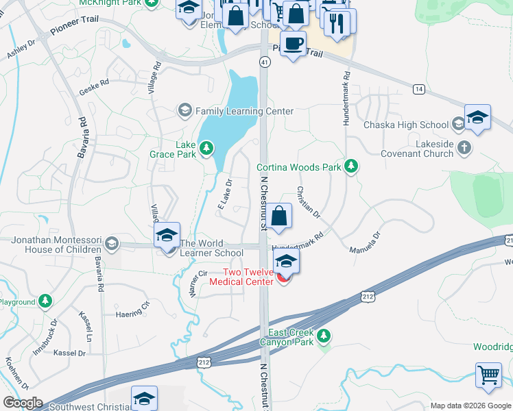 map of restaurants, bars, coffee shops, grocery stores, and more near 1495 South Bender Road in Chaska