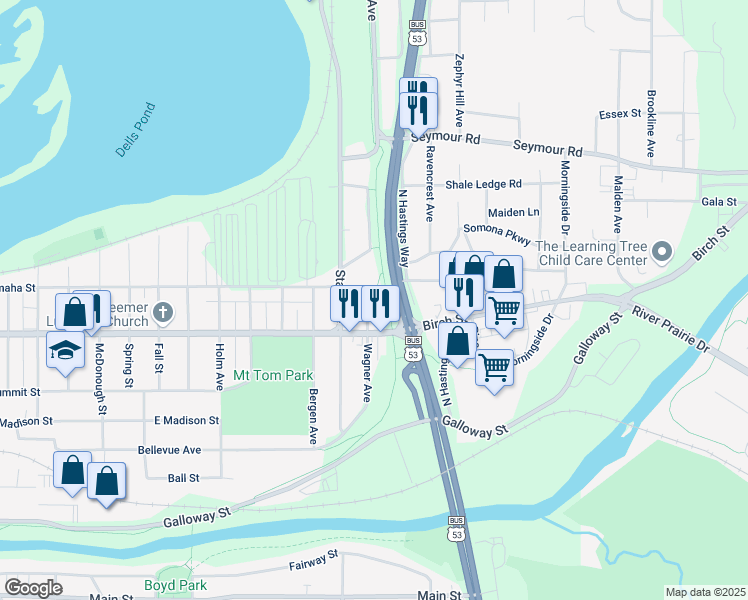 map of restaurants, bars, coffee shops, grocery stores, and more near 627 Wagner Avenue in Eau Claire