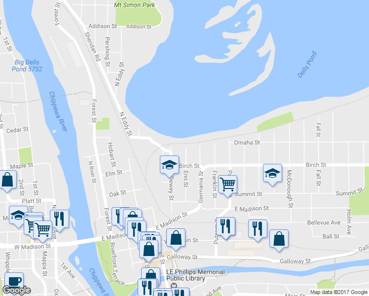 map of restaurants, bars, coffee shops, grocery stores, and more near 632 Erin Street in Eau Claire
