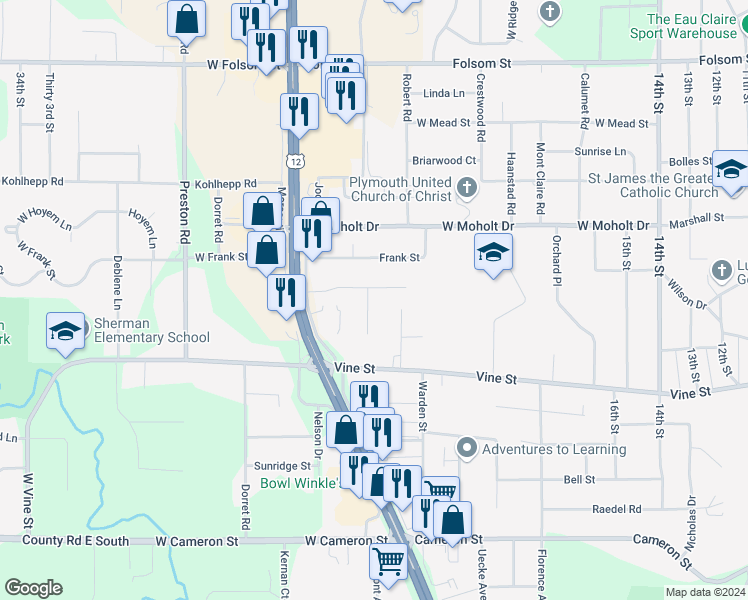 map of restaurants, bars, coffee shops, grocery stores, and more near 2123 Mittelstadt Lane in Eau Claire