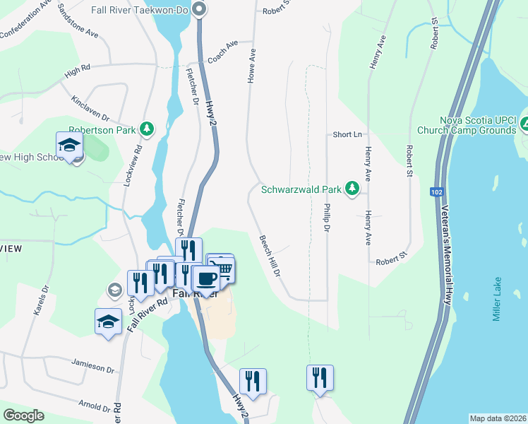 map of restaurants, bars, coffee shops, grocery stores, and more near 10 Beech Hill Drive in Fall River