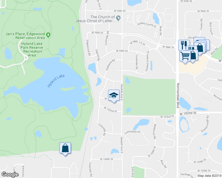 map of restaurants, bars, coffee shops, grocery stores, and more near 9964 Dakota Circle in Minneapolis