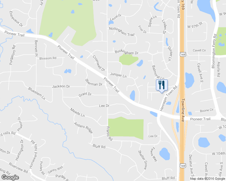 map of restaurants, bars, coffee shops, grocery stores, and more near 10385 Sherman Drive in Eden Prairie