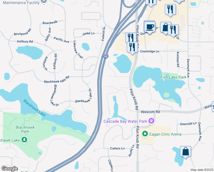 map of restaurants, bars, coffee shops, grocery stores, and more near 1466 Kingswood Pond Road in Eagan