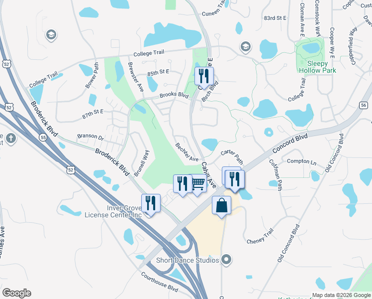 map of restaurants, bars, coffee shops, grocery stores, and more near 8760 Bechtel Avenue in Inver Grove Heights