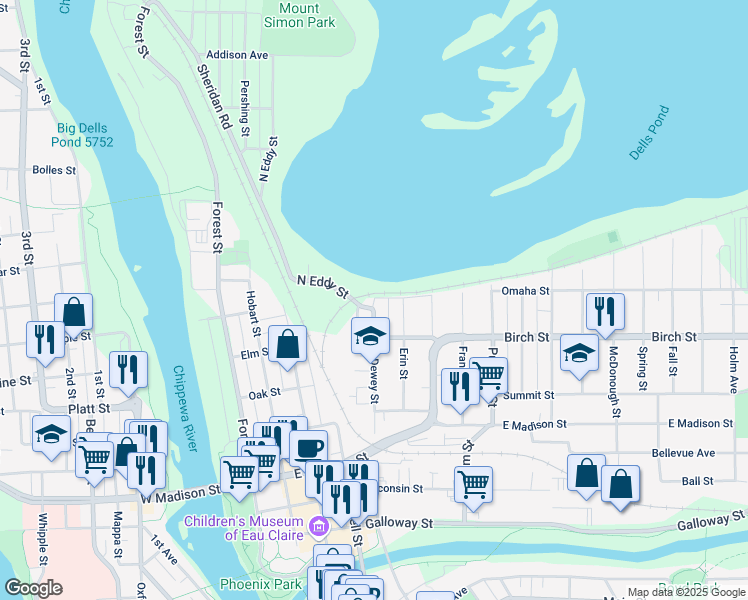 map of restaurants, bars, coffee shops, grocery stores, and more near 704 North Dewey Street in Eau Claire