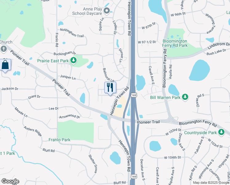 map of restaurants, bars, coffee shops, grocery stores, and more near 9653 Belmont Lane in Eden Prairie