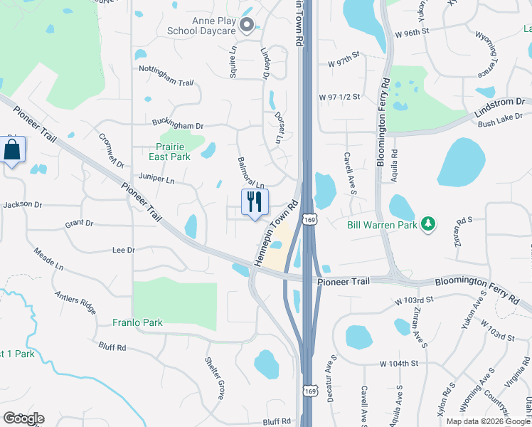 map of restaurants, bars, coffee shops, grocery stores, and more near 9657 Belmont Lane in Eden Prairie