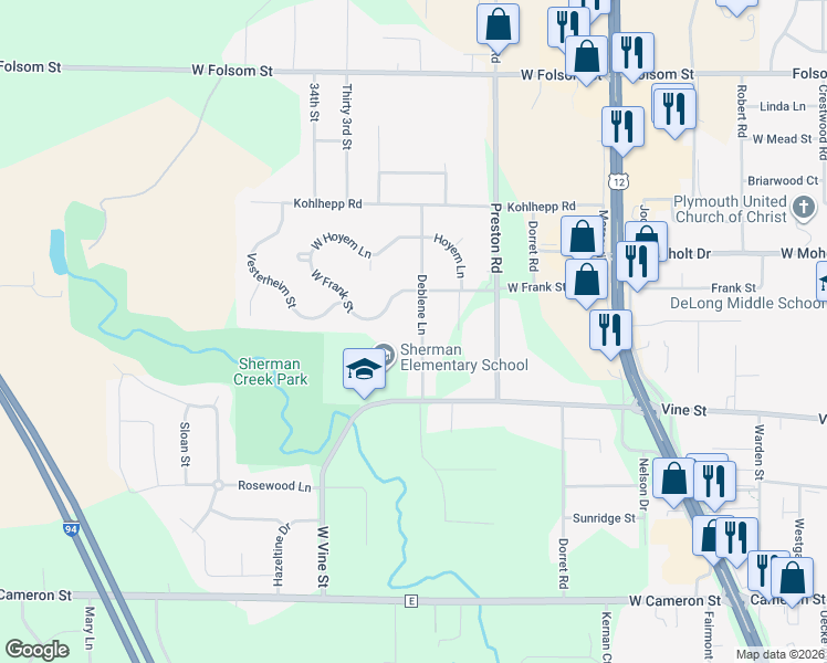 map of restaurants, bars, coffee shops, grocery stores, and more near 2206 Deblene Lane in Eau Claire
