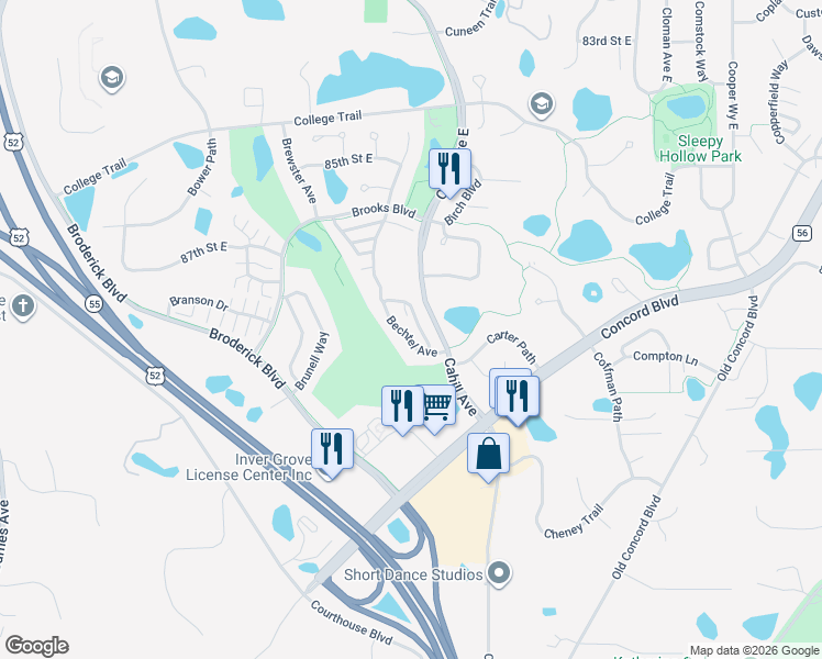 map of restaurants, bars, coffee shops, grocery stores, and more near 8760 Bechtel Avenue in Inver Grove Heights