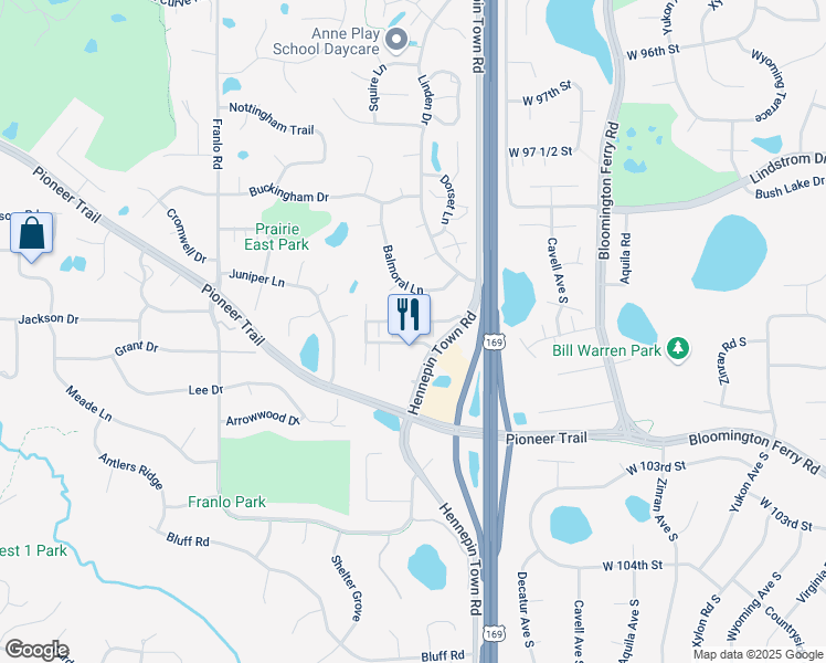 map of restaurants, bars, coffee shops, grocery stores, and more near 9669 Belmont Lane in Eden Prairie