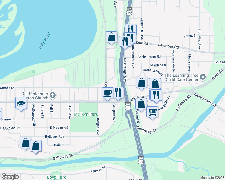 map of restaurants, bars, coffee shops, grocery stores, and more near 627 Wagner Avenue in Eau Claire