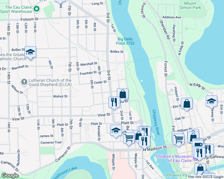 map of restaurants, bars, coffee shops, grocery stores, and more near 2205 3rd Street in Eau Claire
