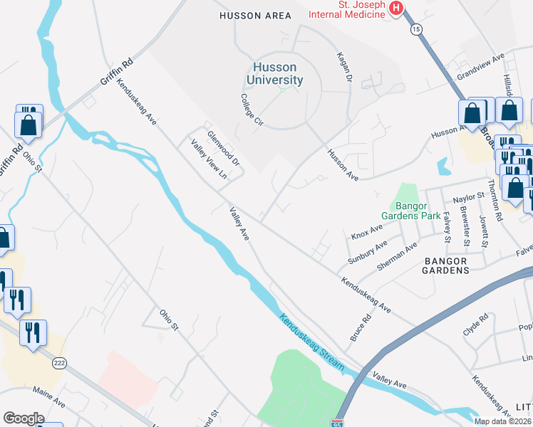 map of restaurants, bars, coffee shops, grocery stores, and more near 1 Husson Avenue in Bangor