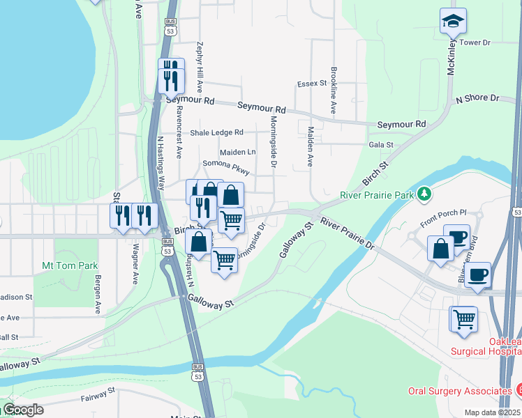 map of restaurants, bars, coffee shops, grocery stores, and more near 2804 Birch Street in Eau Claire