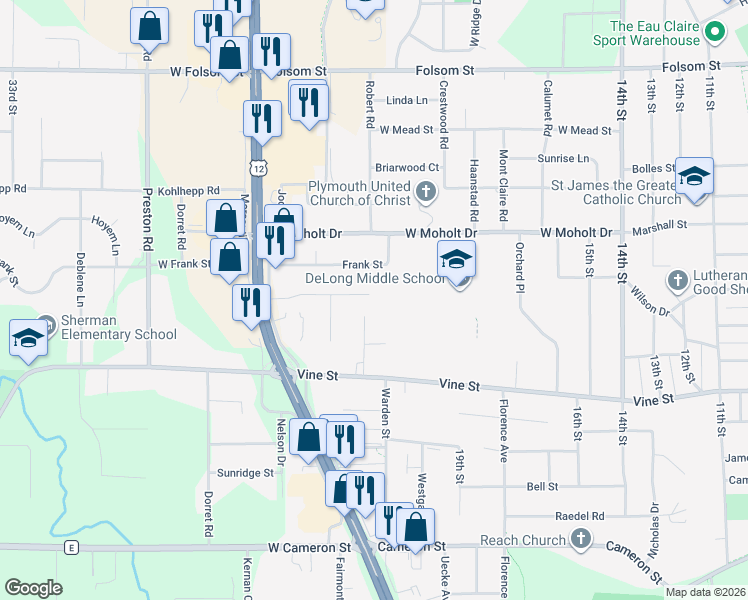 map of restaurants, bars, coffee shops, grocery stores, and more near 2213 Melanie Lane in Eau Claire