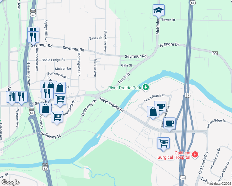 map of restaurants, bars, coffee shops, grocery stores, and more near 3157-3699 County Highway Q in Eau Claire