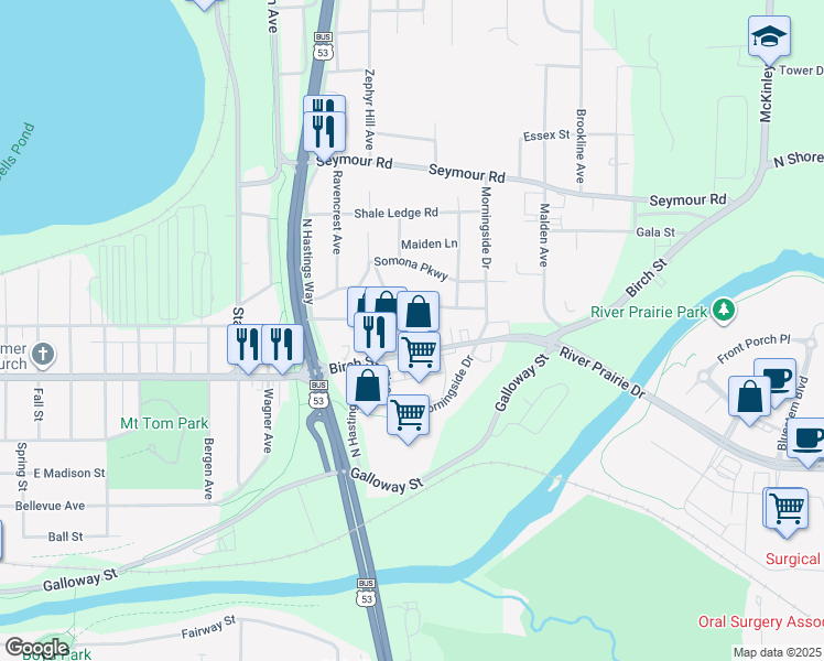 map of restaurants, bars, coffee shops, grocery stores, and more near 2718 Birch Street in Eau Claire