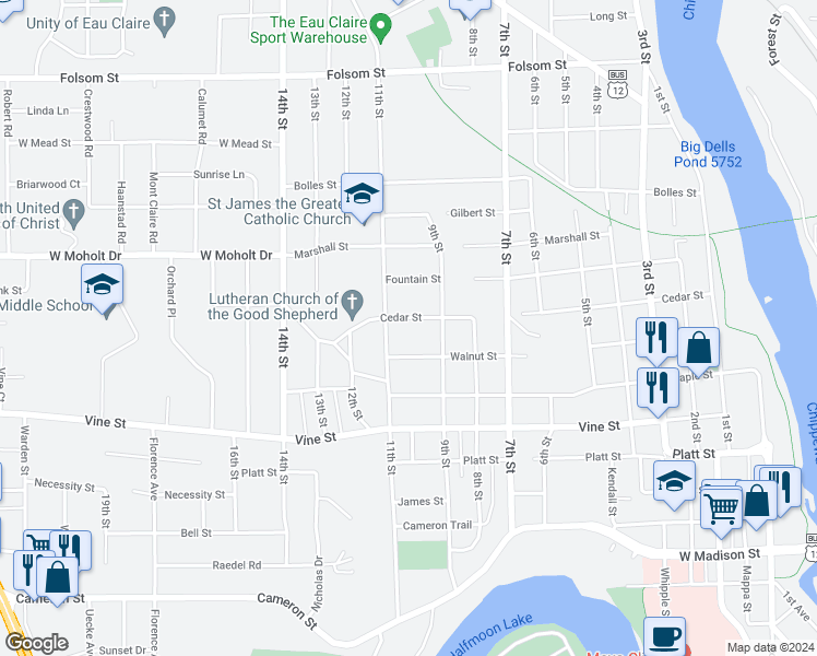 map of restaurants, bars, coffee shops, grocery stores, and more near 934 Walnut Street in Eau Claire