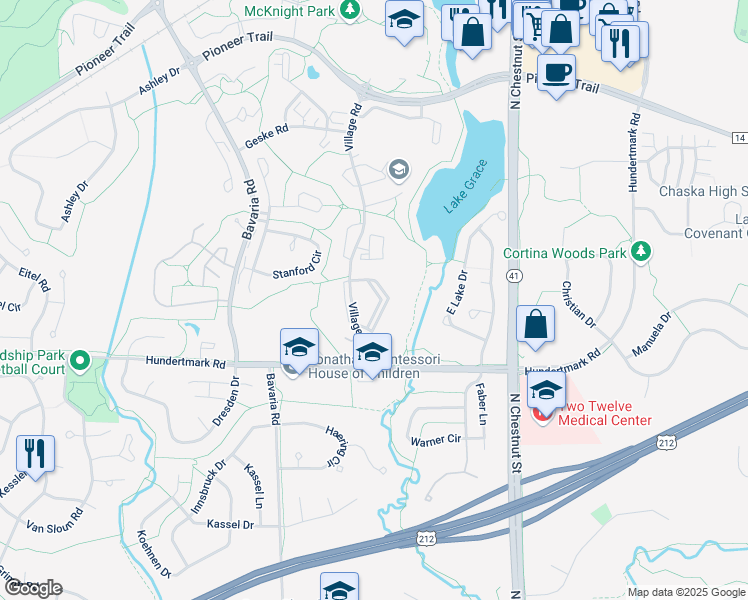 map of restaurants, bars, coffee shops, grocery stores, and more near 2520 Woodcrest Drive in Chaska