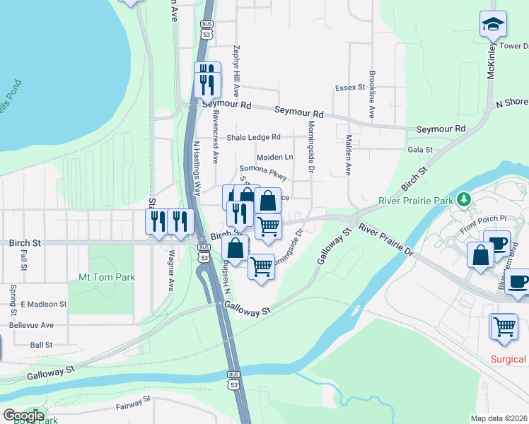 map of restaurants, bars, coffee shops, grocery stores, and more near 2718 Birch Street in Eau Claire