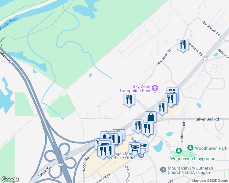map of restaurants, bars, coffee shops, grocery stores, and more near 2101 Wuthering Heights in Eagan