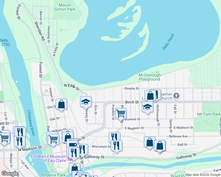 map of restaurants, bars, coffee shops, grocery stores, and more near 629 Franklin Street in Eau Claire