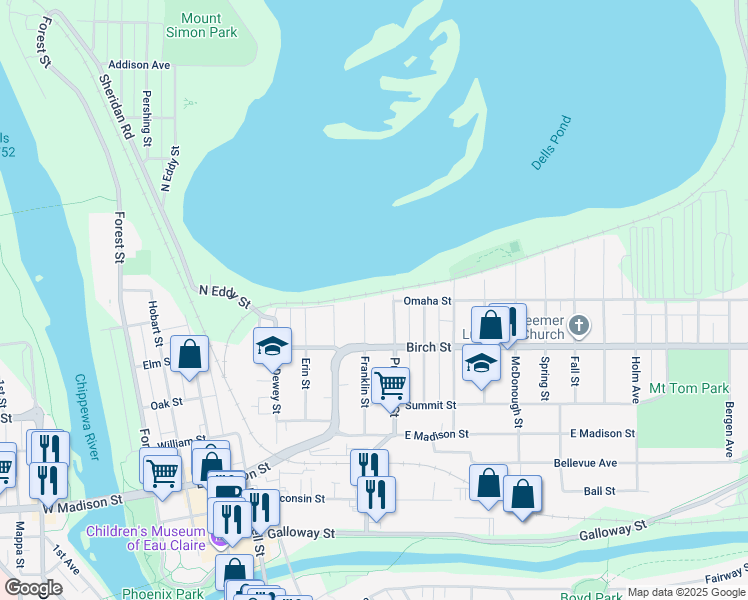 map of restaurants, bars, coffee shops, grocery stores, and more near 629 Franklin Street in Eau Claire