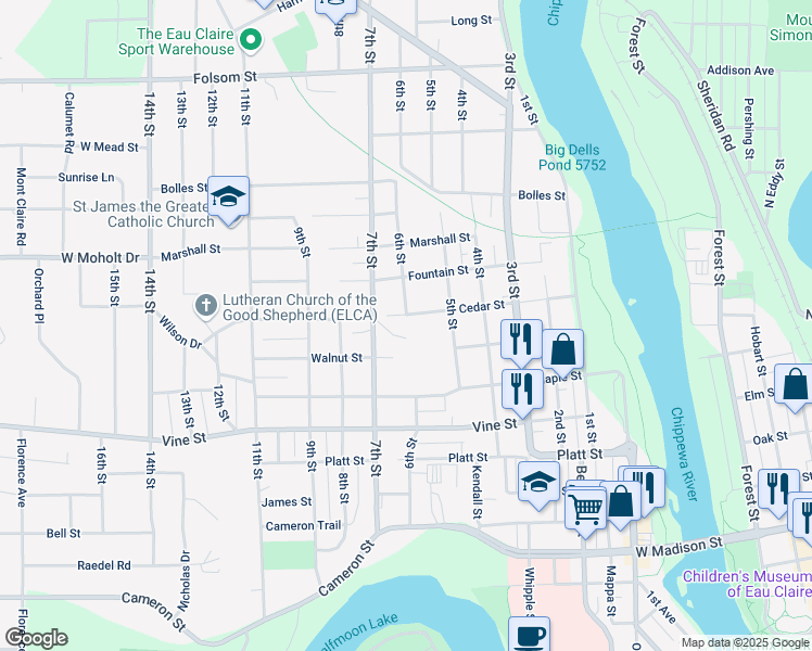 map of restaurants, bars, coffee shops, grocery stores, and more near 605 Valley Park Court in Eau Claire