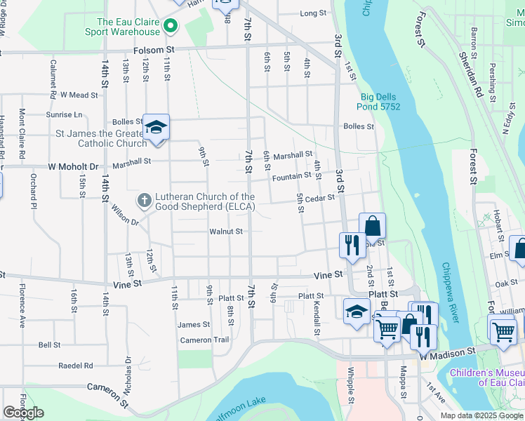 map of restaurants, bars, coffee shops, grocery stores, and more near 624 Walnut Street in Eau Claire