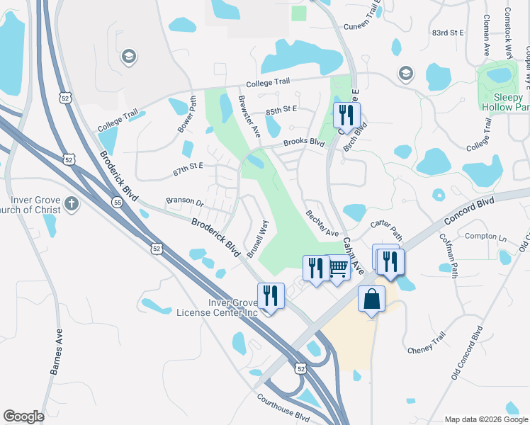 map of restaurants, bars, coffee shops, grocery stores, and more near 8843 Brunell Way in Inver Grove Heights