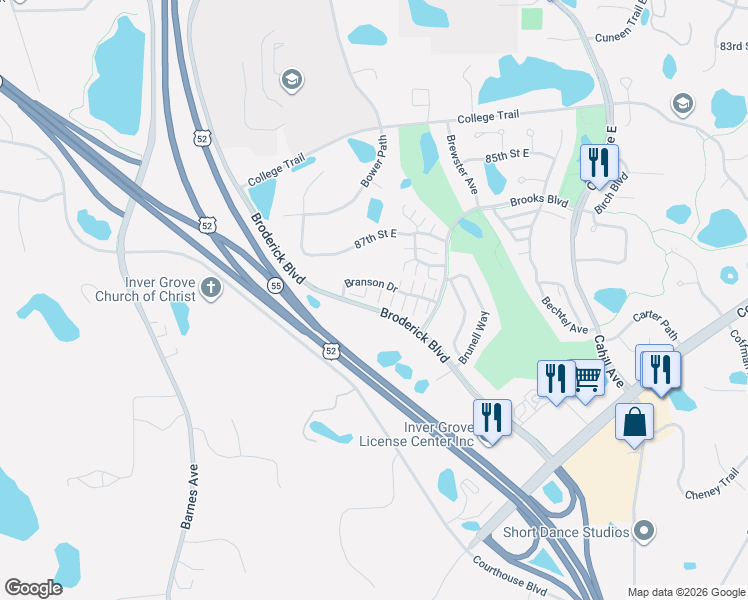 map of restaurants, bars, coffee shops, grocery stores, and more near 8781 Branson Drive in Inver Grove Heights
