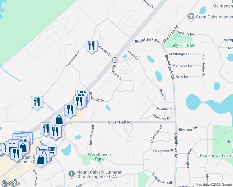 map of restaurants, bars, coffee shops, grocery stores, and more near 3740 Burgundy Drive in Eagan