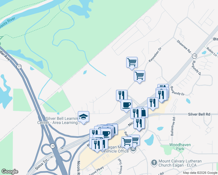 map of restaurants, bars, coffee shops, grocery stores, and more near 2101 Wuthering Heights Road in Eagan