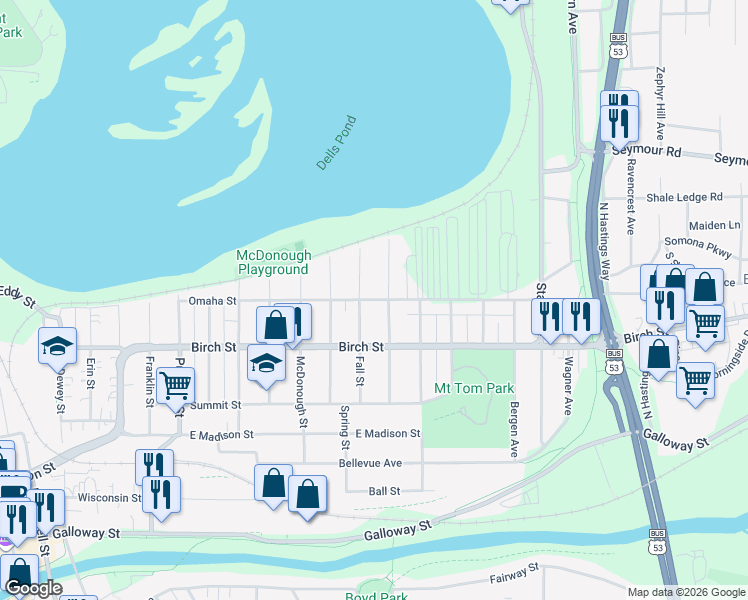 map of restaurants, bars, coffee shops, grocery stores, and more near Omaha Street in Eau Claire