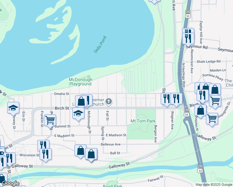 map of restaurants, bars, coffee shops, grocery stores, and more near Omaha Street in Eau Claire