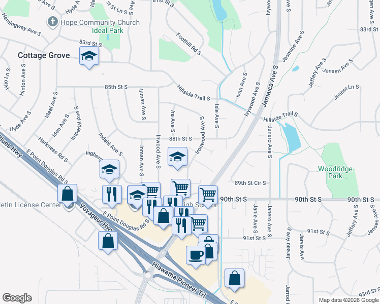 map of restaurants, bars, coffee shops, grocery stores, and more near 8801 Ironwood Avenue South in Cottage Grove