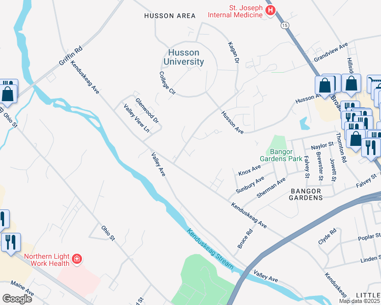 map of restaurants, bars, coffee shops, grocery stores, and more near 6 Cynthia Circle in Bangor