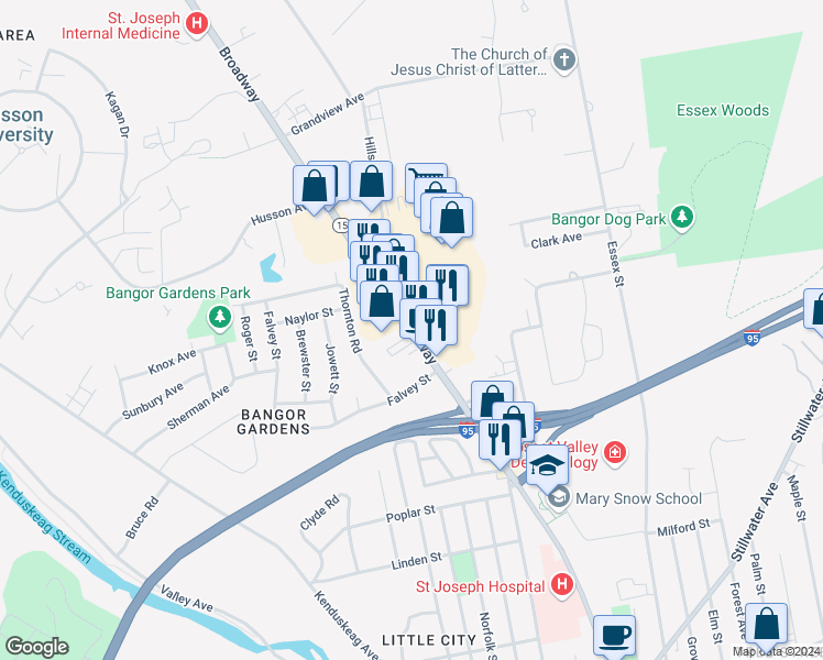 map of restaurants, bars, coffee shops, grocery stores, and more near 615 Broadway in Bangor