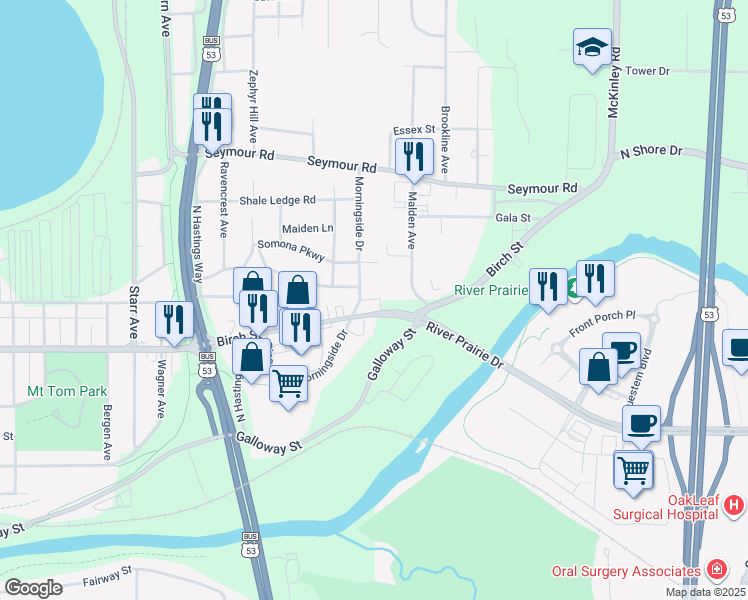 map of restaurants, bars, coffee shops, grocery stores, and more near in Eau Claire
