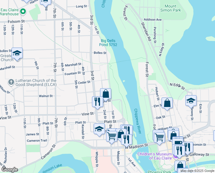 map of restaurants, bars, coffee shops, grocery stores, and more near 105 Walnut Street in Eau Claire