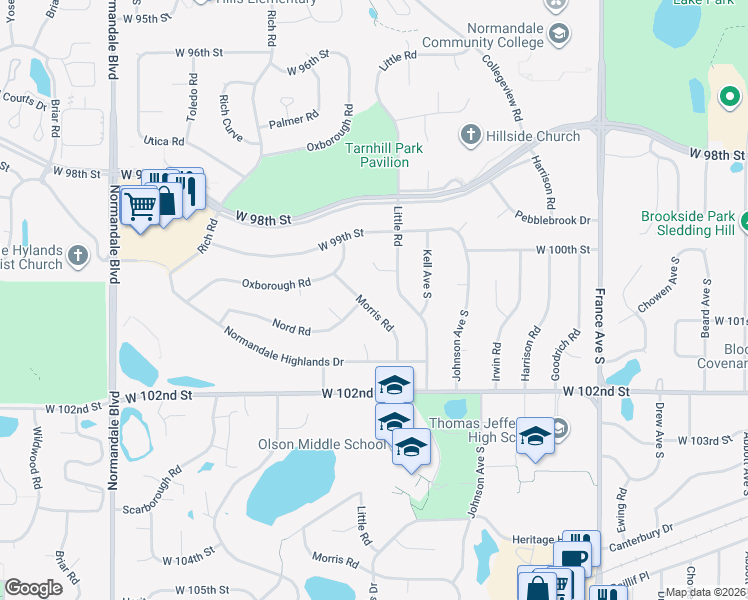 map of restaurants, bars, coffee shops, grocery stores, and more near 10012 Morris Road in Minneapolis