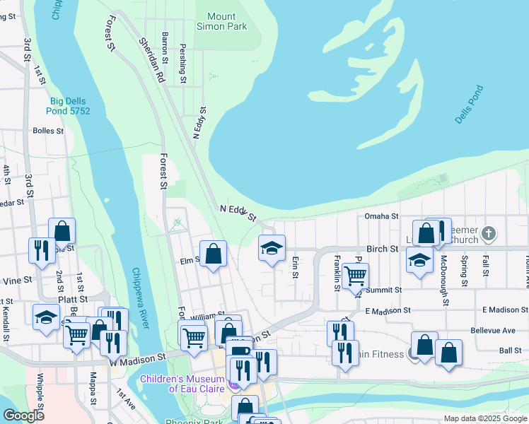 map of restaurants, bars, coffee shops, grocery stores, and more near 704 North Eddy Street in Eau Claire