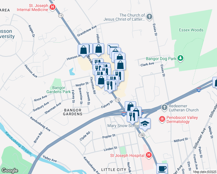 map of restaurants, bars, coffee shops, grocery stores, and more near 617 Broadway in Bangor